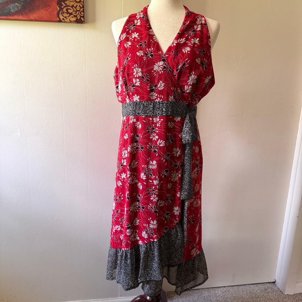 Cato Red Floral Wrap Midi Dress with Black & White Accents